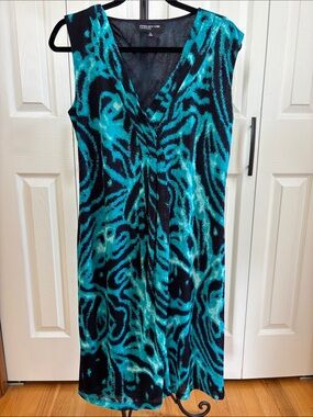 Jones New York Sleeveless V~Neck Dress Teal /Blue and Black  M